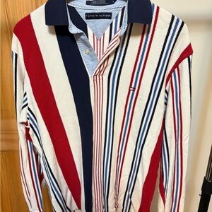 Tommy Hilfiger Men's Striped Polo Shirt - Red, White, and Blue Vintage